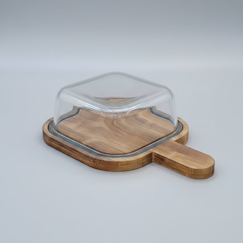 Premium Glass Serving Dish with Handled Bamboo Tray & Lid