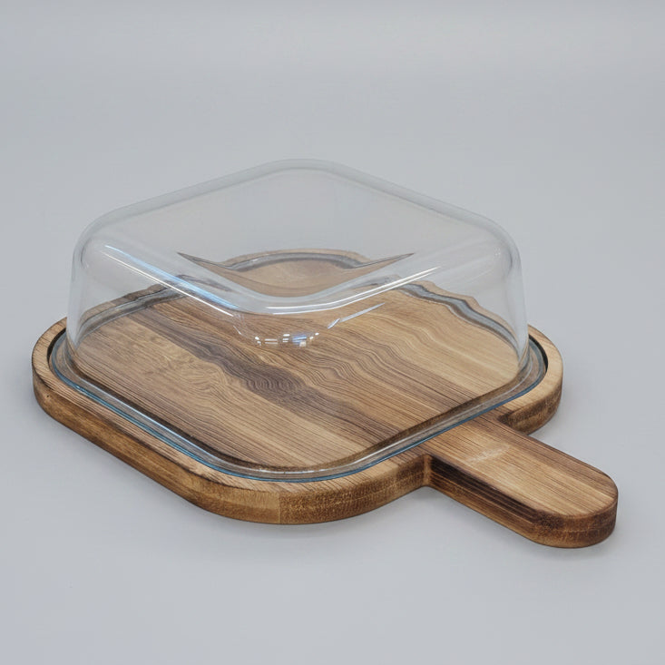 Premium Glass Serving Dish with Handled Bamboo Tray & Lid