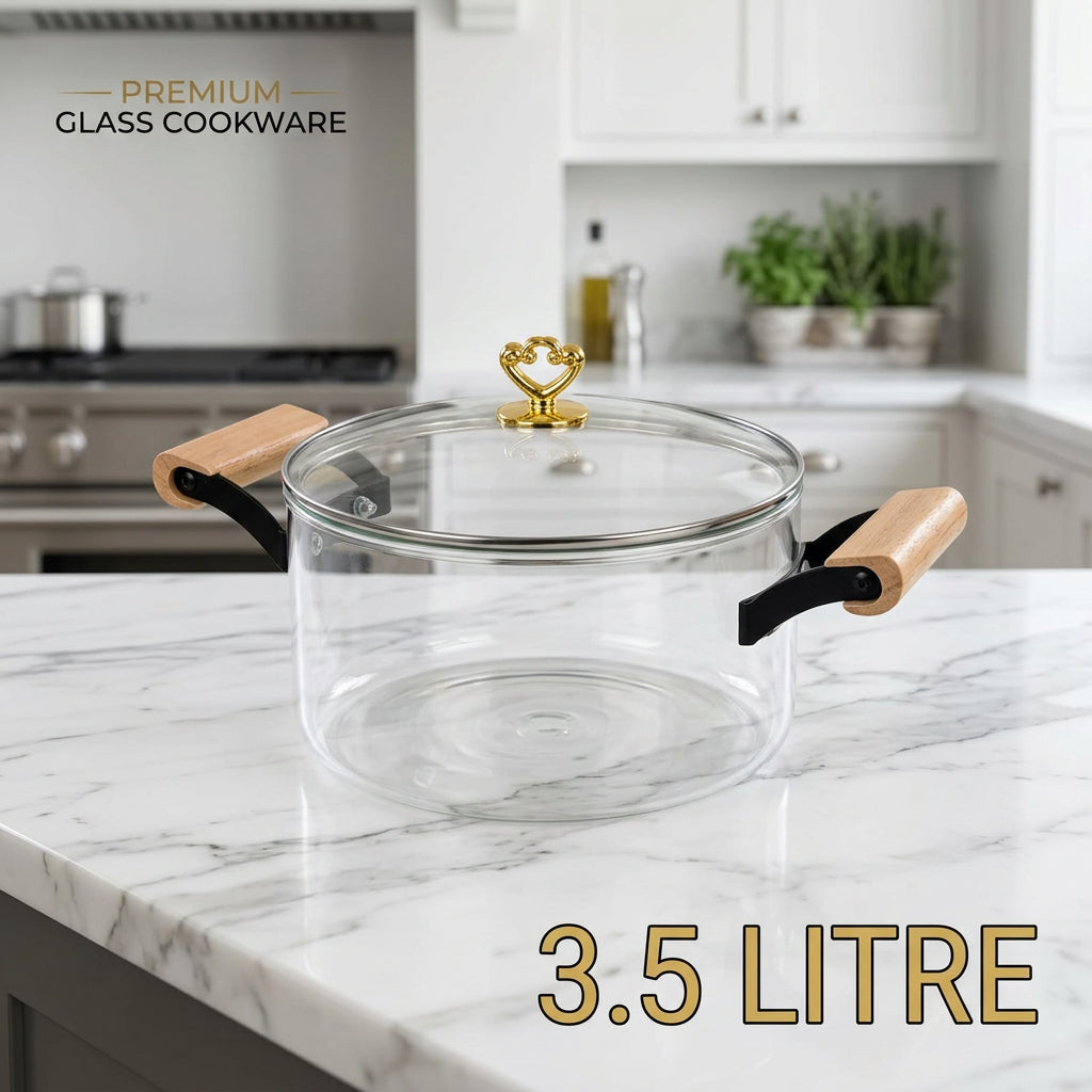 Heritage Transparent Glass Cooking Pot with Wooden Handles