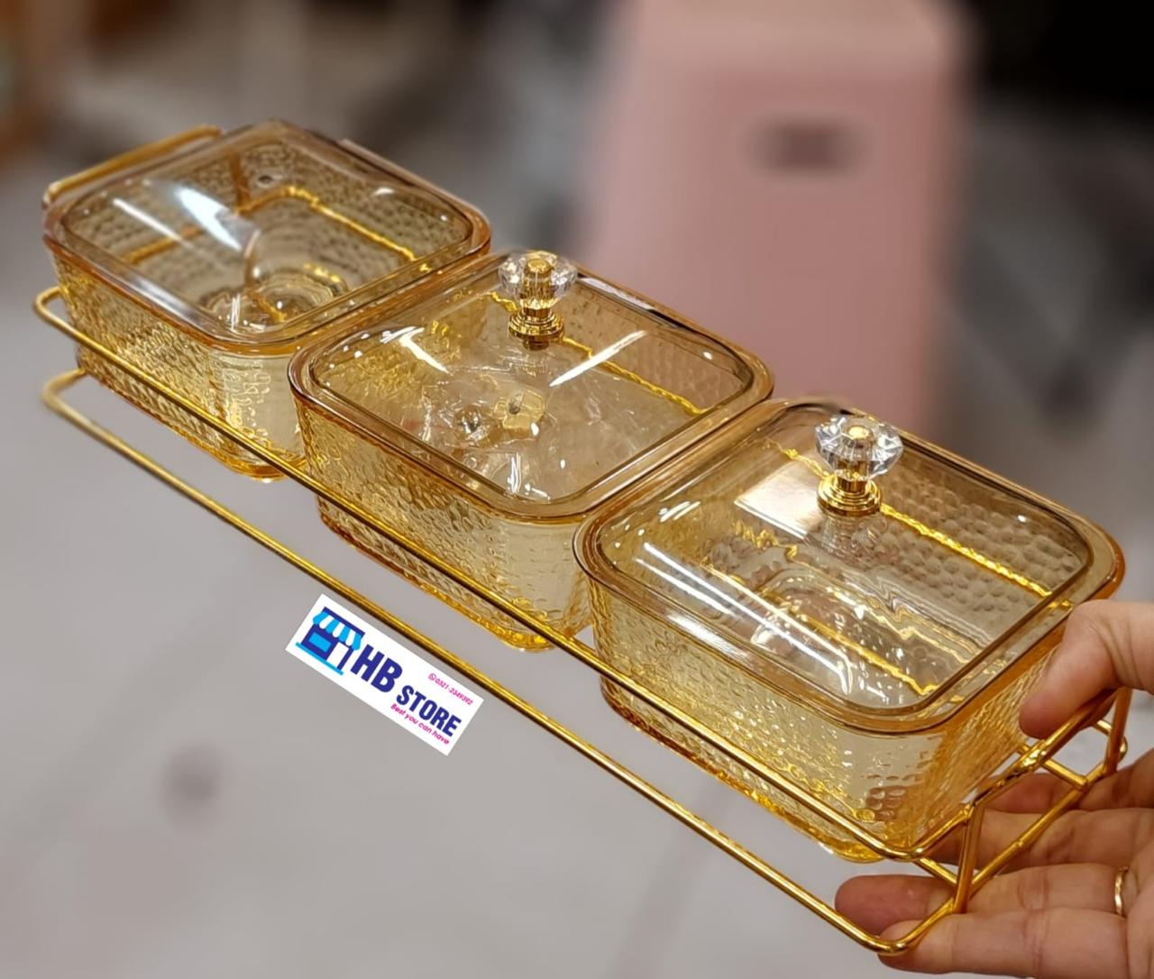 Elegant Amber Glass Serving Set with Gold-Tone Rack and Crystal-Cut Knobs