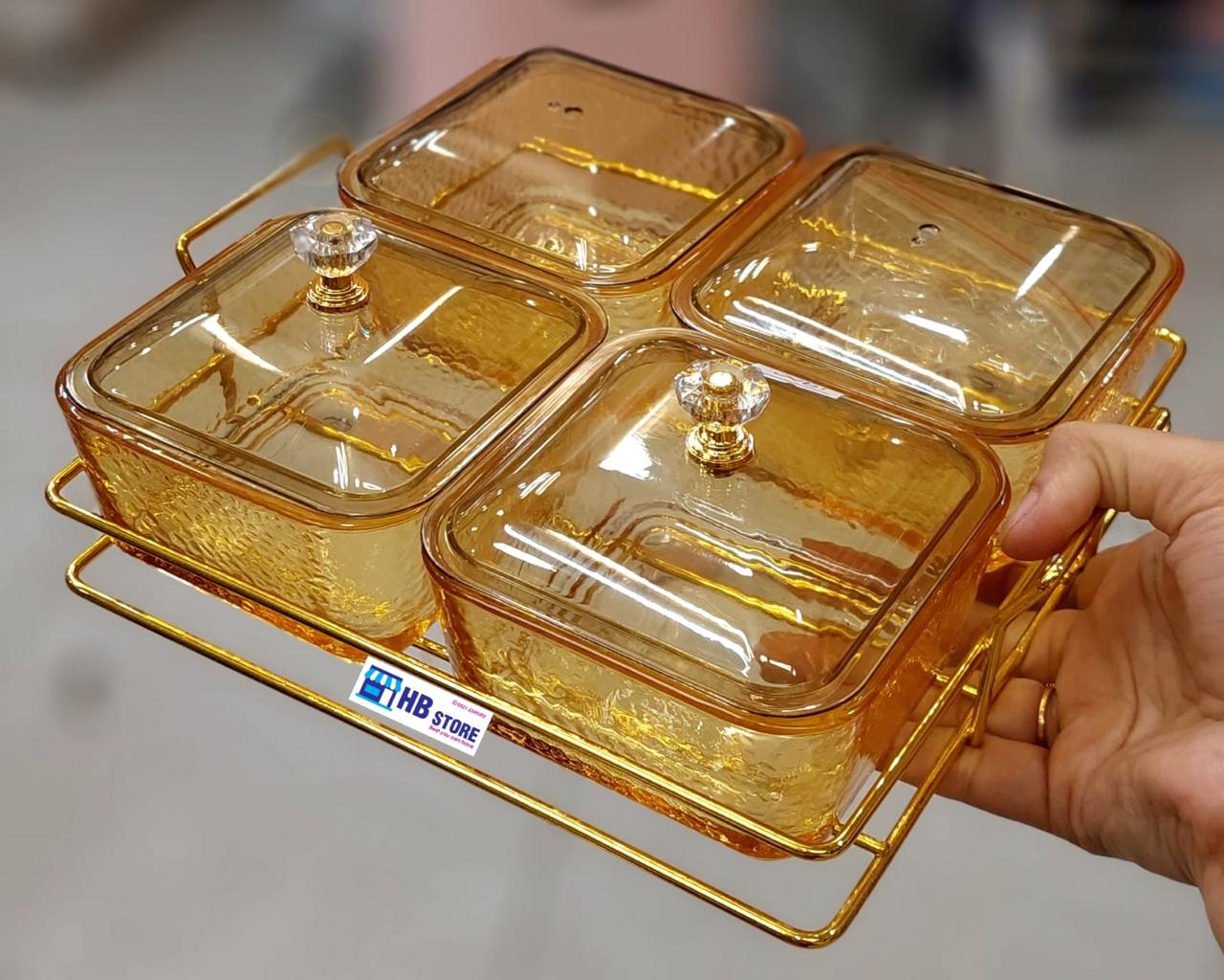Elegant Amber Glass Serving Set with Gold-Tone Rack and Crystal-Cut Knobs