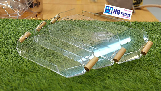 Clear Acrylic Serving Tray Set – 3-Piece Set with Wooden Handles