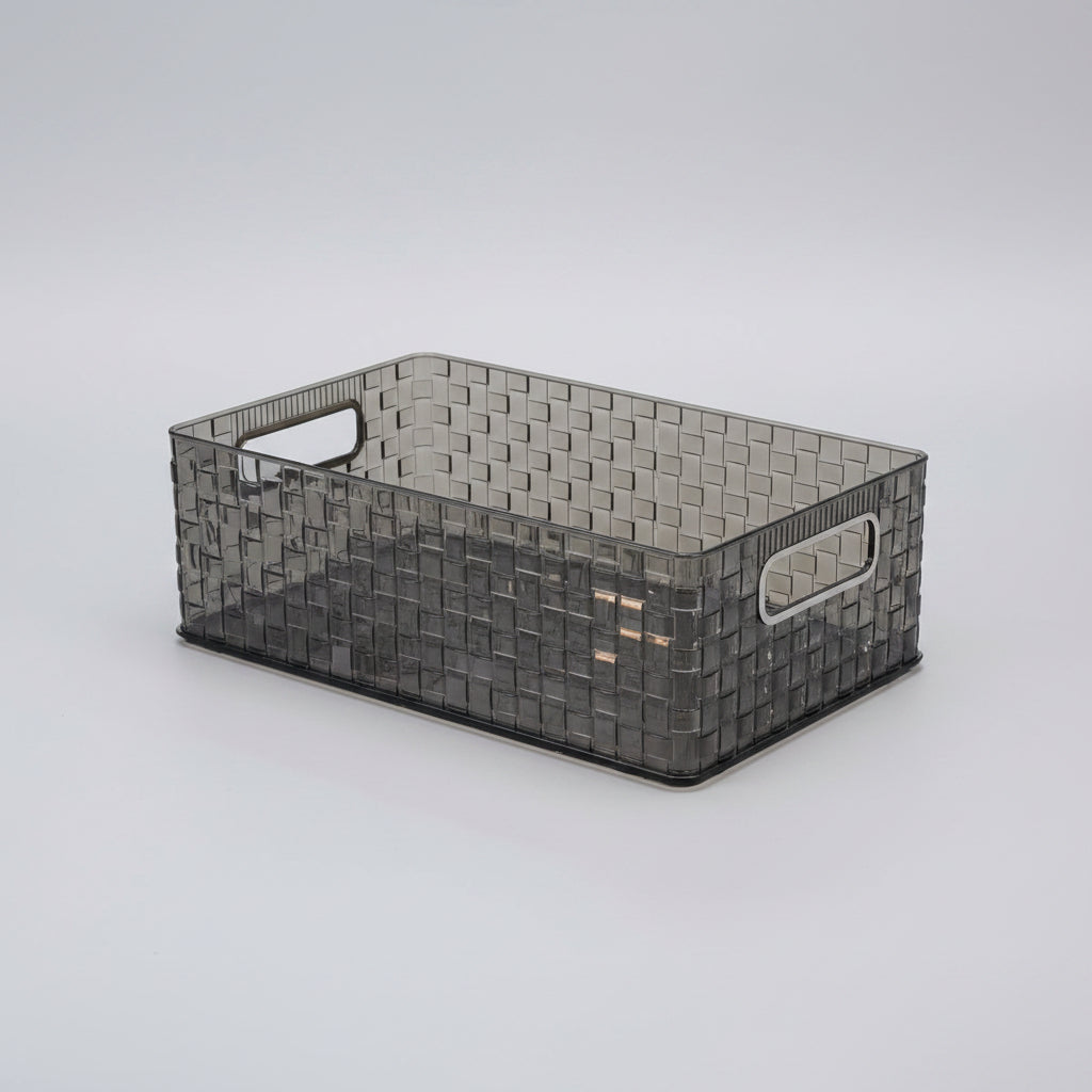 Smoke Grey Woven Plastic Storage Basket with Handles