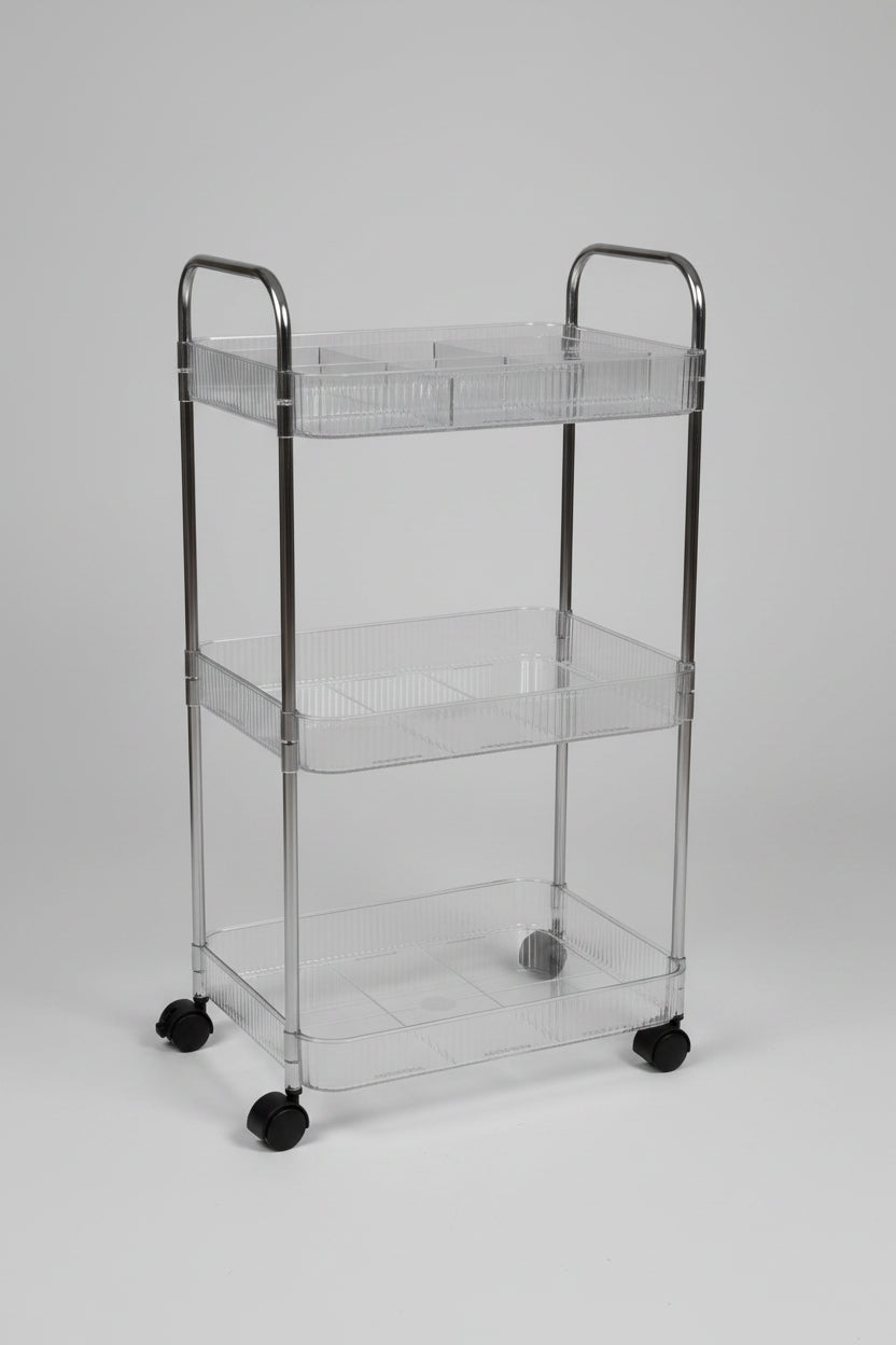 3-Tier Clear Acrylic Fluted Rolling Utility Cart with Silver Handles