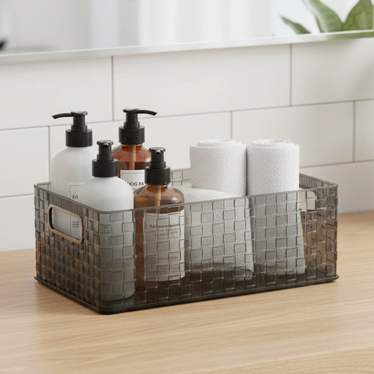 Smoke Grey Woven Plastic Storage Basket with Handles