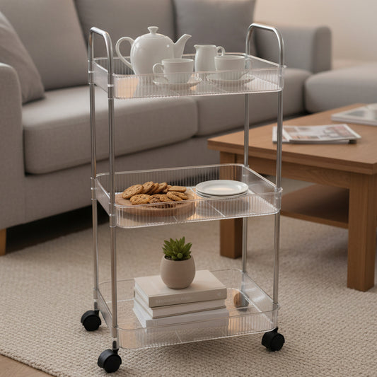 3-Tier Clear Acrylic Fluted Rolling Utility Cart with Silver Handles