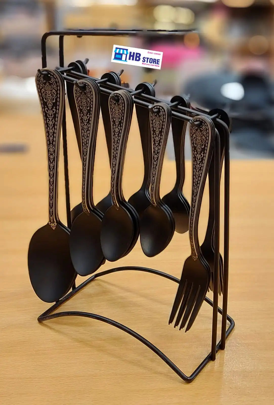 Matte Black & Gold Hanging Cutlery Set with Display Stand