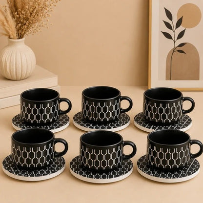Danny Home Patterned Ceramic Cup and Saucer Set – 6 Pieces