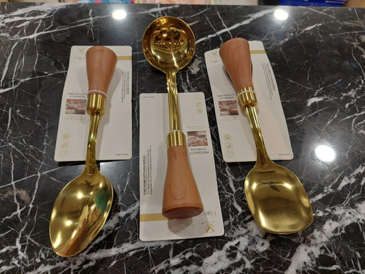 Golden Serving Spoon With Wooden Handel