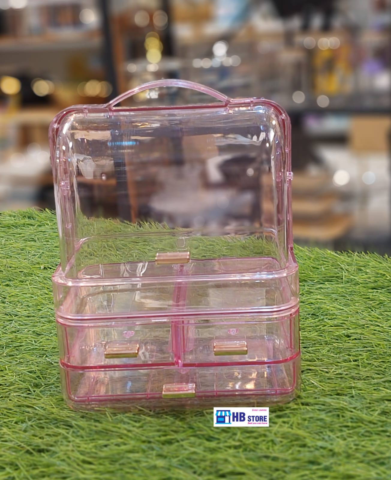 Luxury Transparent Pink 3-Tier Makeup & Jewelry Organizer Box with Handle
