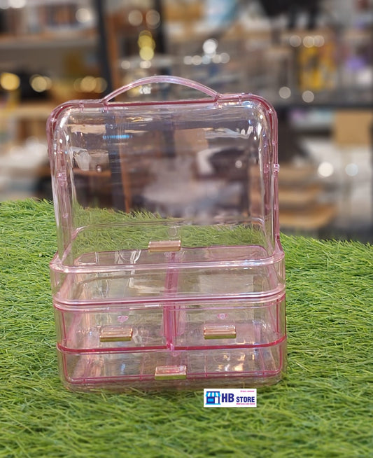 Luxury Transparent Pink 3-Tier Makeup & Jewelry Organizer Box with Handle