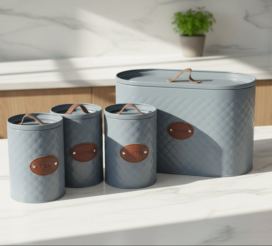 4-Piece Quilted Metal Bread Bin and Countertop Canister Set