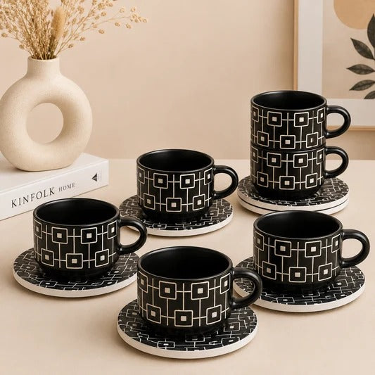 Danny Home Patterned Ceramic Cup and Saucer Set – 6 Pieces