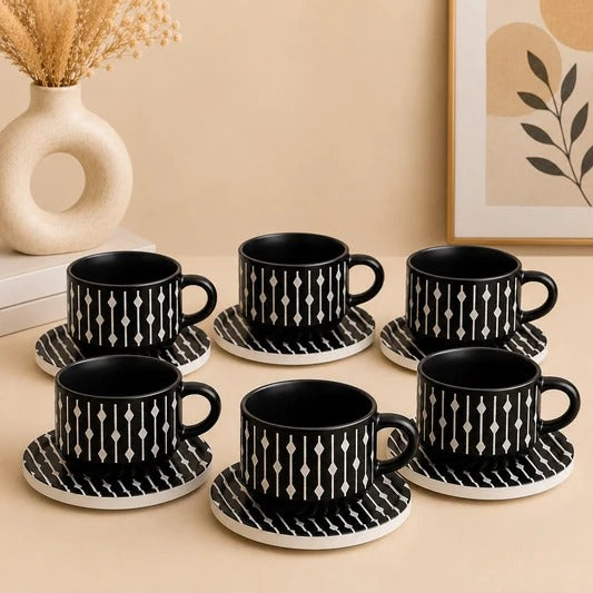 Danny Home Patterned Ceramic Cup and Saucer Set – 6 Pieces