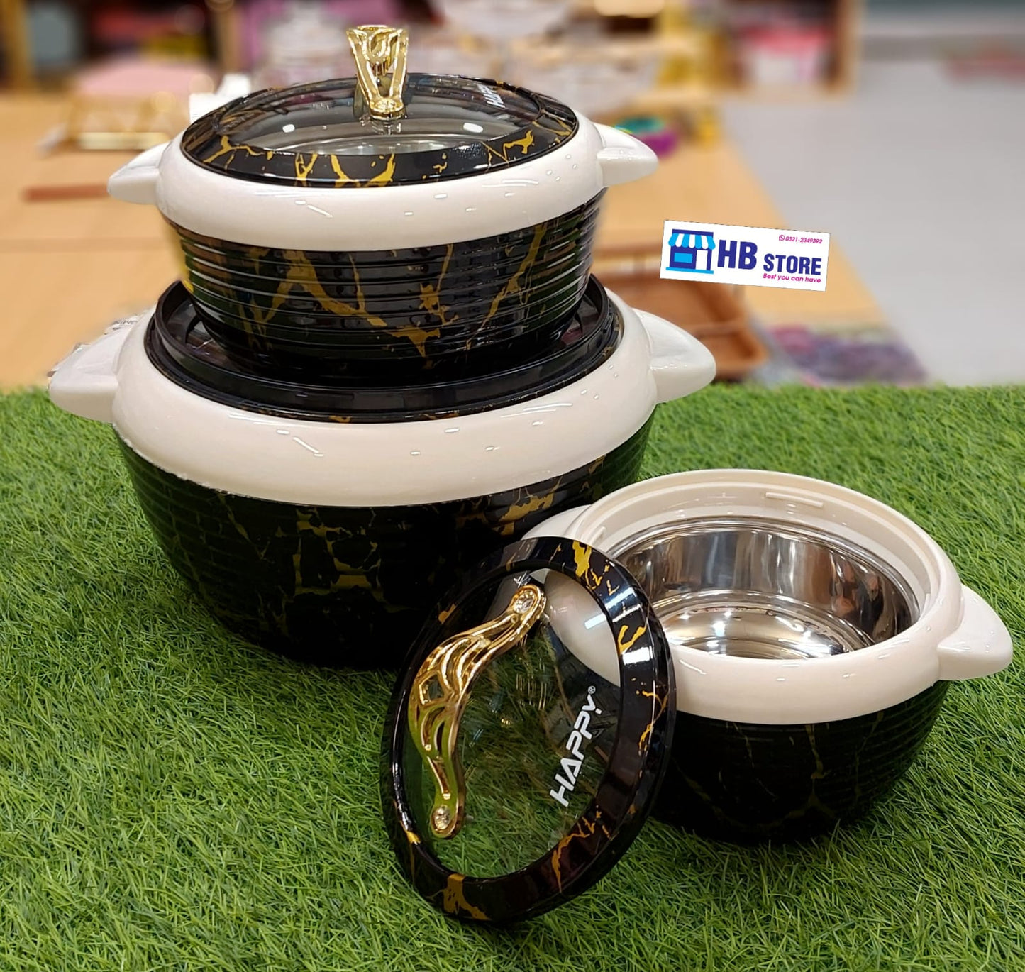Black Marble Design Insulated Hot Pot Casserole Set (3 Pcs)