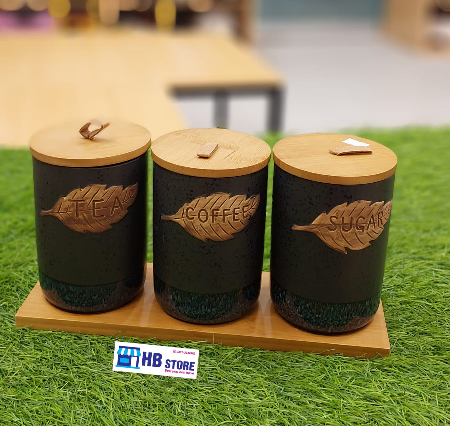 Rustic Ceramic Canister Set with Bamboo Lids and Tray