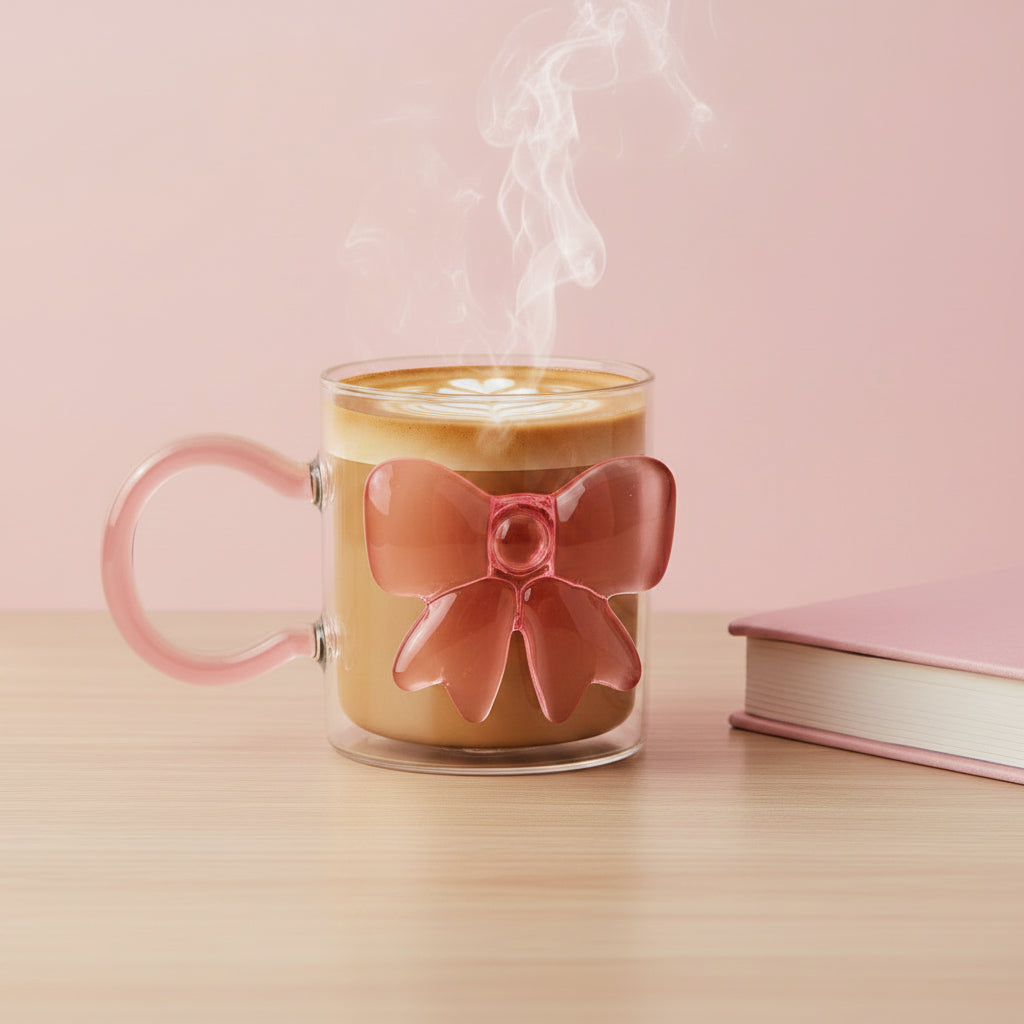 3D Pink Ribbon Glass Coffee Cup
