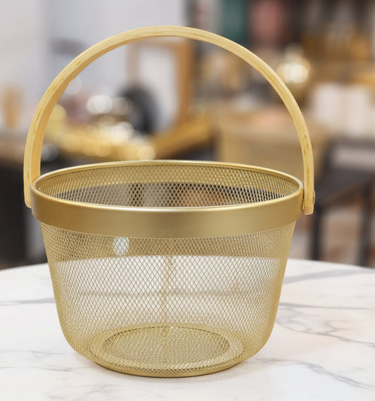 Gold Mesh Fruit Basket with a Bamboo Handle