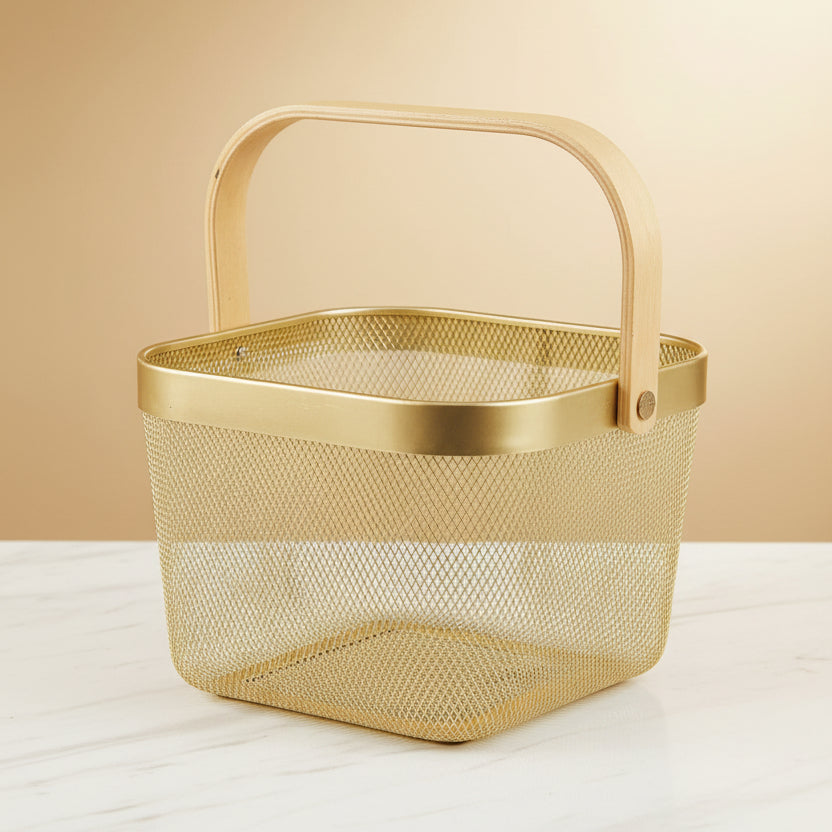 Gold Mesh Fruit Basket with a Bamboo Handle