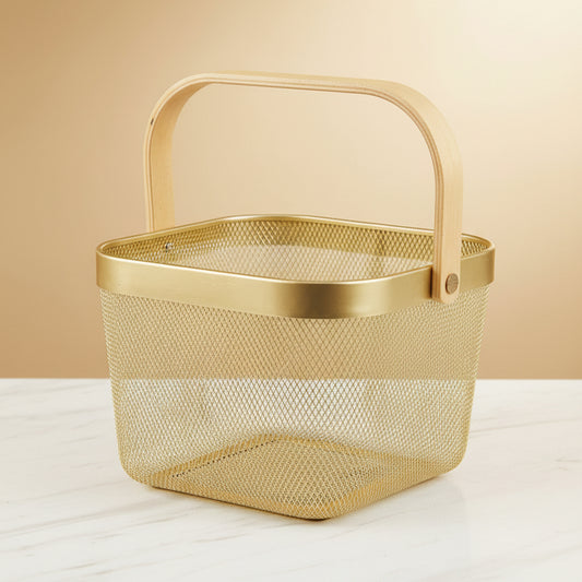 Gold Mesh Fruit Basket with a Bamboo Handle