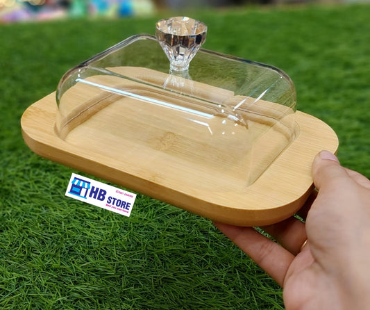 "Butter Dish with Wooden Base & Clear Acrylic Lid
