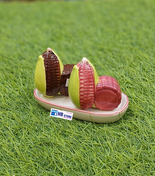 Vintage-Style Ceramic Corn on the Cob Salt and Pepper Shakers Set with Decorative Matching Tray