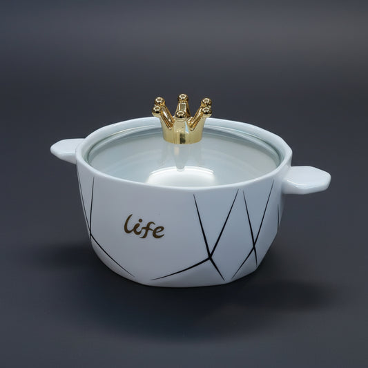Nordic Geometric Ceramic Serving Bowl with Gold Crown Glass Lid