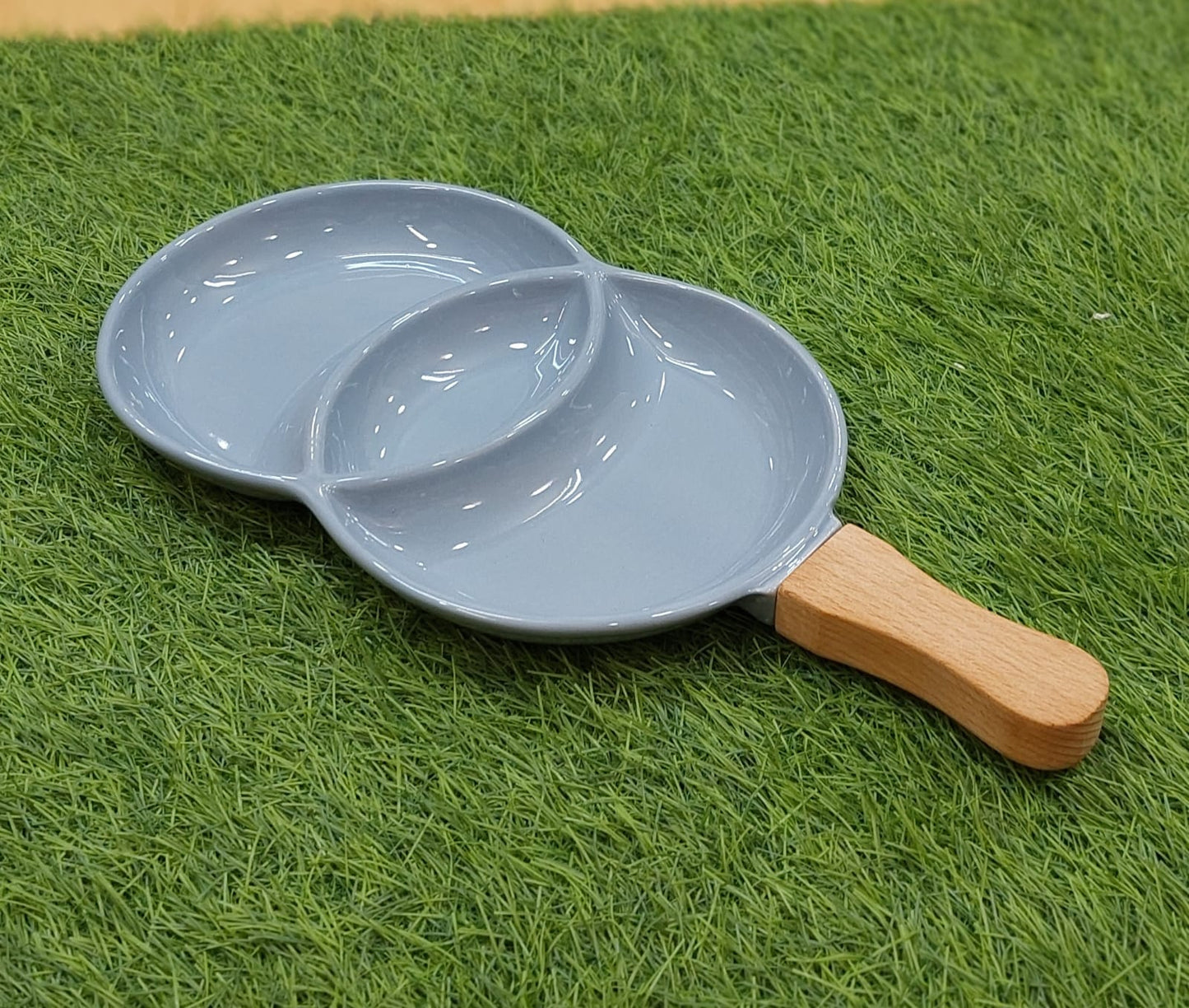 3-Compartment Ceramic Serving Platter with Ergonomic Wooden Handle – Slate Grey