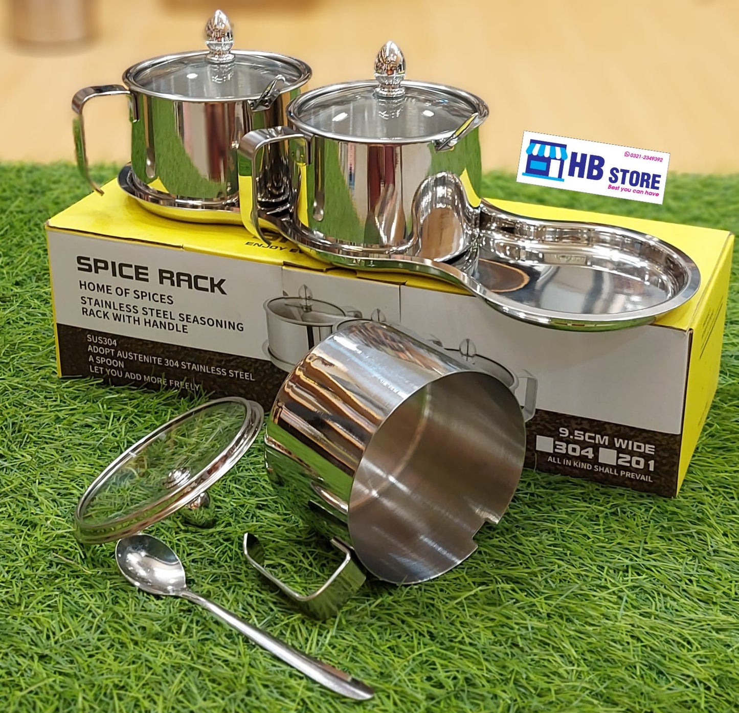 304 Stainless Steel Seasoning Pots Set with Integrated Serving Tray and Spoon