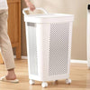 Rolling Laundry Hamper - Tall White Plastic Ventilated Clothes Basket with Flip-Top Lid and Wheels