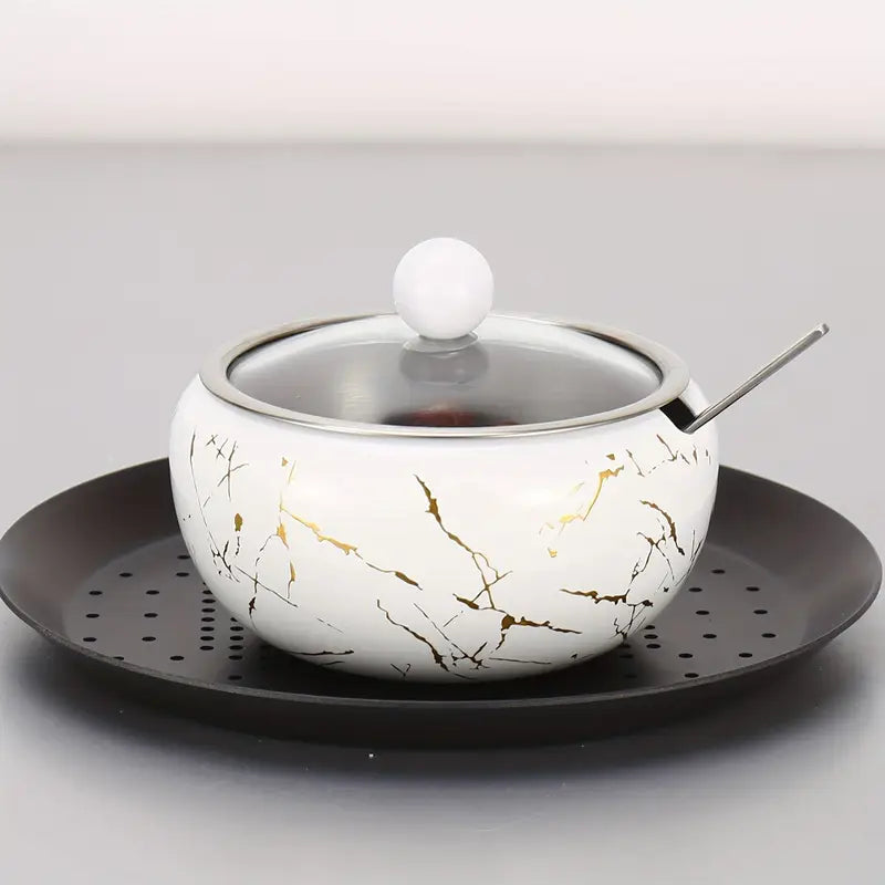 Stainless Steel Sugar Pot with Glass Lid and Spoon