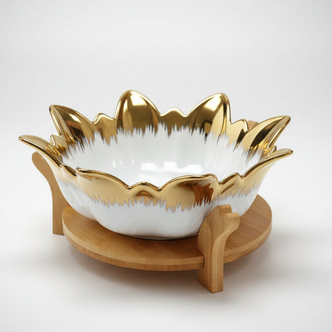 Aura Gold-Rimmed Ceramic Serving Bowl with Wooden Stand