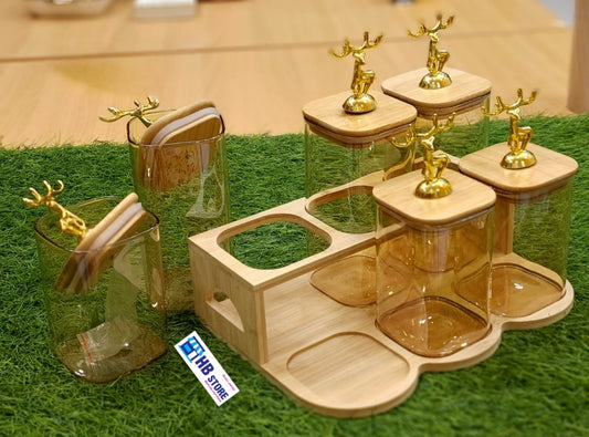 6-Piece Amber Glass Canister Set with Bamboo Tray and Gold Deer Lids