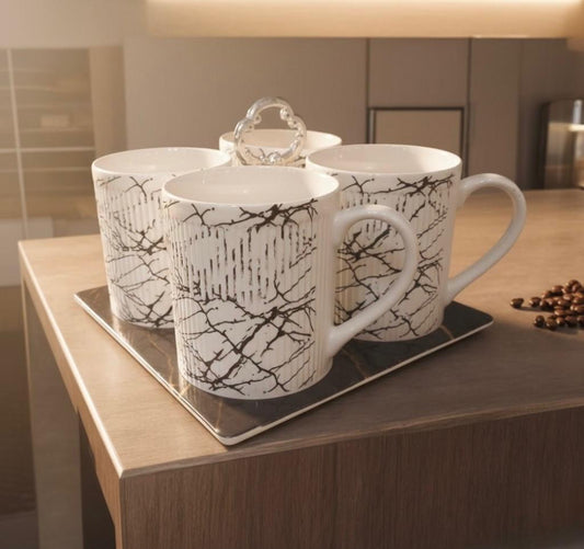 Set of 4 Marble-Effect Ceramic Coffee Mugs with Coaster Tray and Center Handle