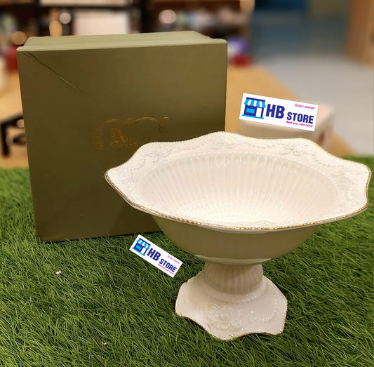Fruit Bowl with Stand Bone China Material White Color Porcelain Serving Dish with Floral Design and Golden Border