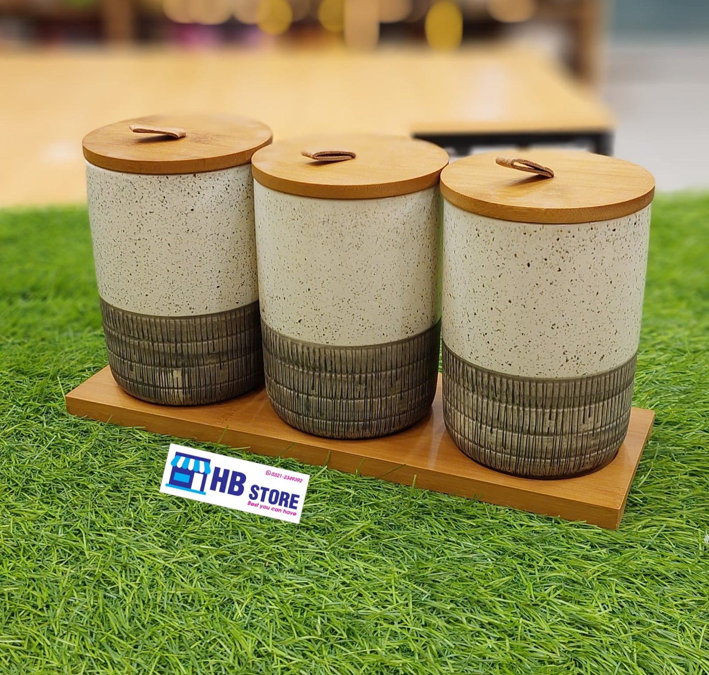 Rustic Ceramic Canister Set with Bamboo Lids and Tray