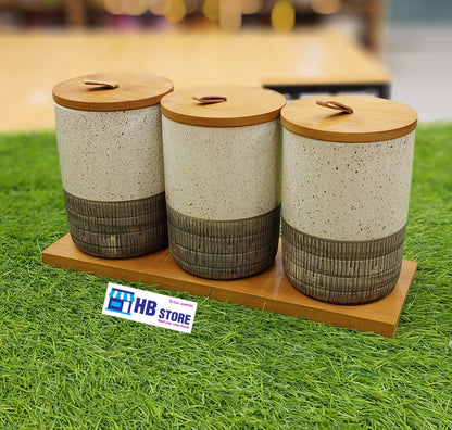 Rustic Ceramic Canister Set with Bamboo Lids and Tray