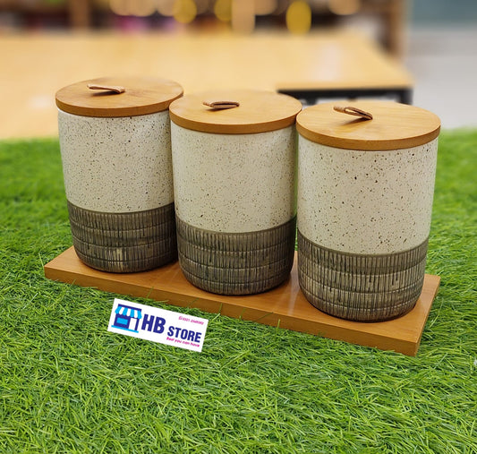 Rustic Ceramic Canister Set with Bamboo Lids and Tray