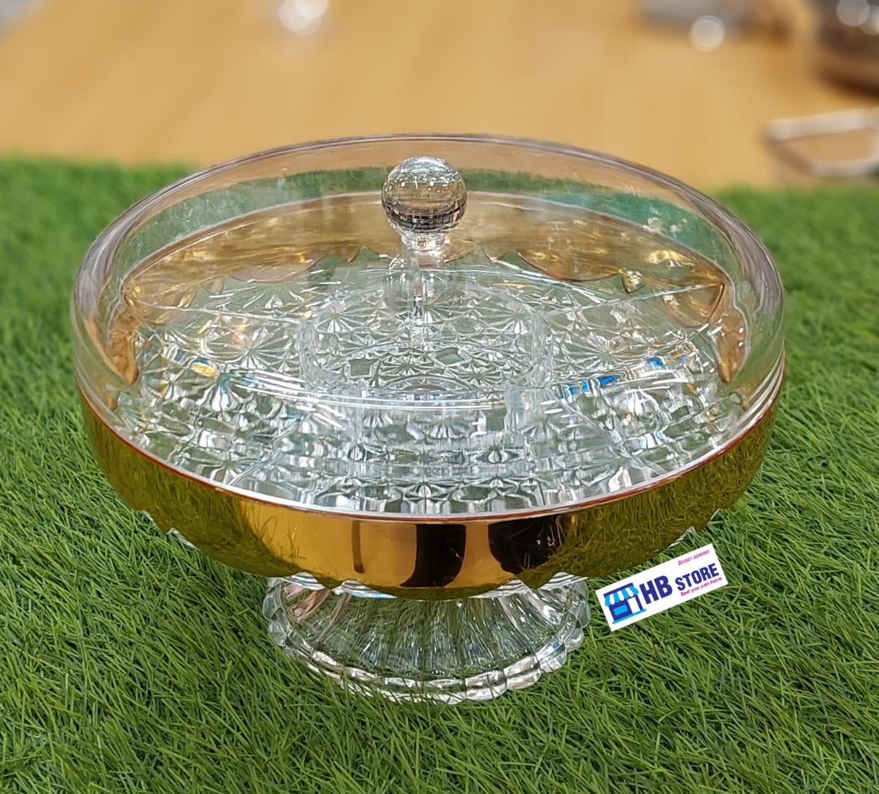 Luxury Divided Glass Dry Fruit Tray with Gold Rim and Lid