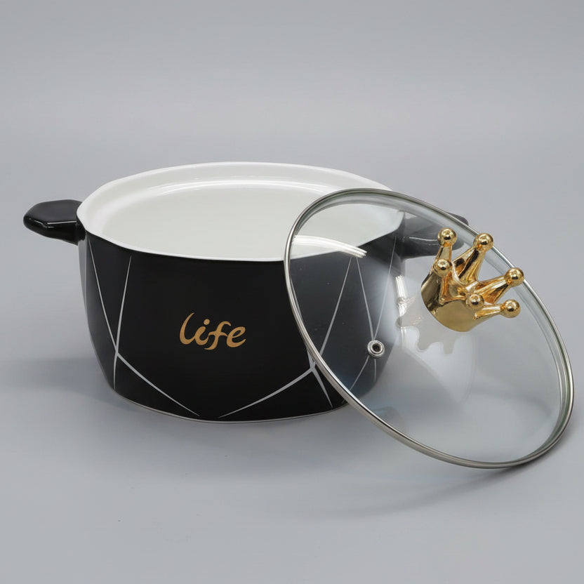 Nordic Geometric Ceramic Serving Bowl with Gold Crown Glass Lid