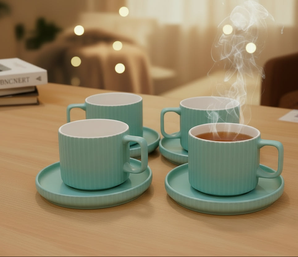 4-Piece Ribbed Pastel Ceramic Cup & Saucer Set