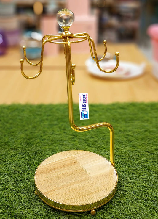 Luxura Gold Cup & Saucer Stand – Wooden Base Display for 6 Cups