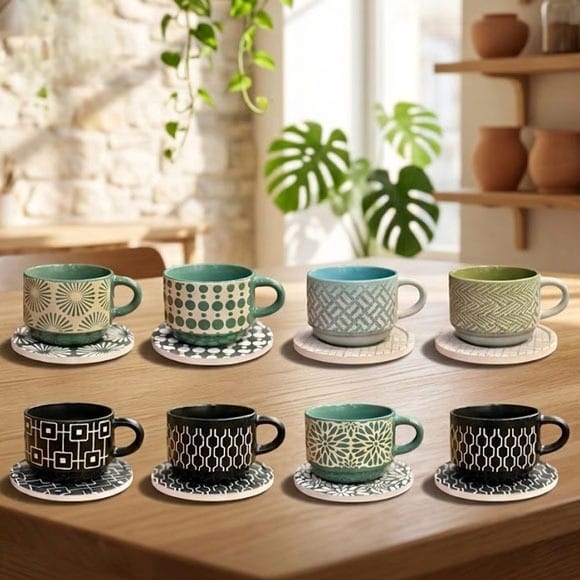 Danny Home Patterned Ceramic Cup and Saucer Set – 6 Pieces