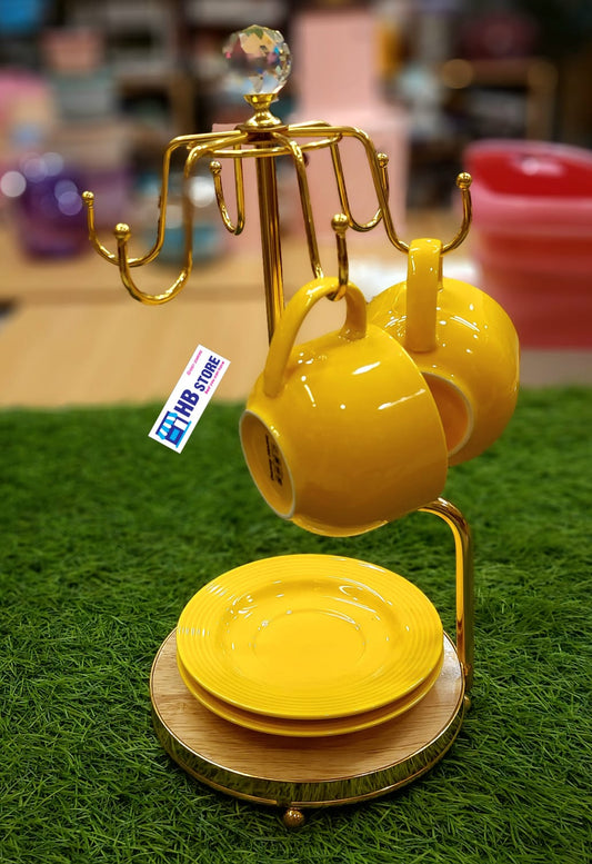 Luxura Gold Cup & Saucer Stand – Wooden Base Display for 6 Cups