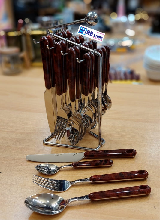 Winsor 24pc Stainless Steel Cutlery Set, Wood Effect Handles, Walnut Finish - Elegant Tableware