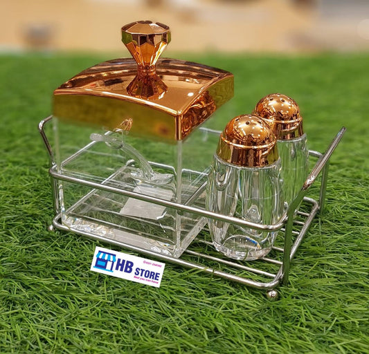 3-Piece Deluxe Gold & Glass Serving Set with Chrome Caddy