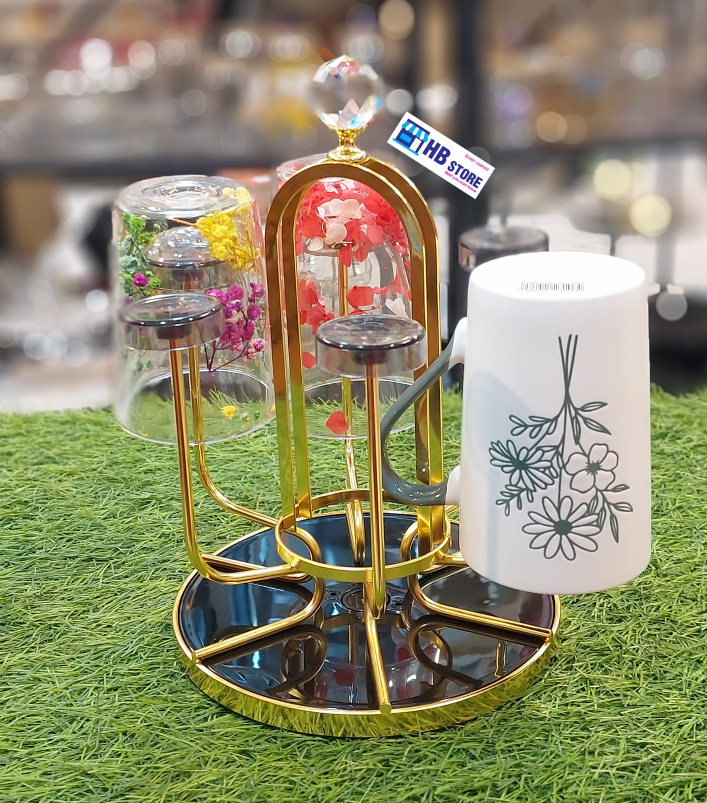 Modern Arched Gold Glassware Display Stand with Crystal Finial