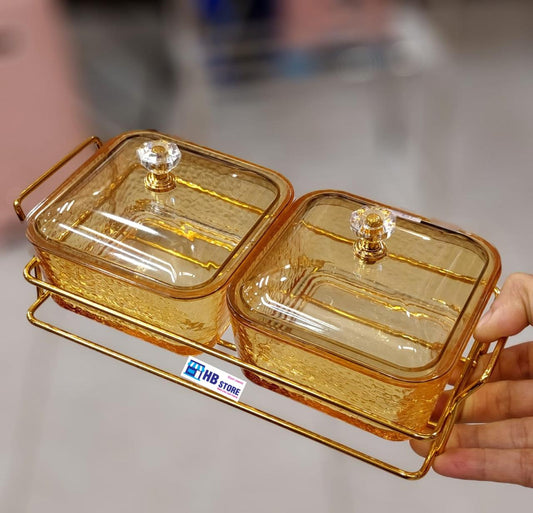 Elegant Amber Glass Serving Set with Gold-Tone Rack and Crystal-Cut Knobs