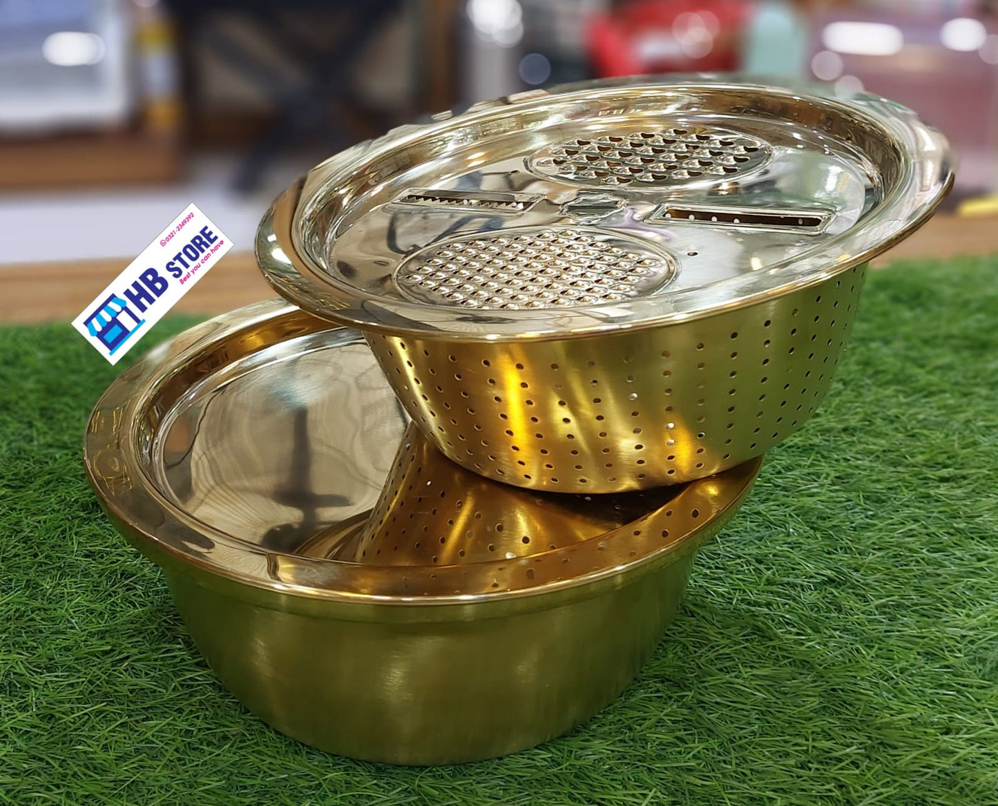 Golden Steel Drainer Cutter Lid Bowl Complete Set