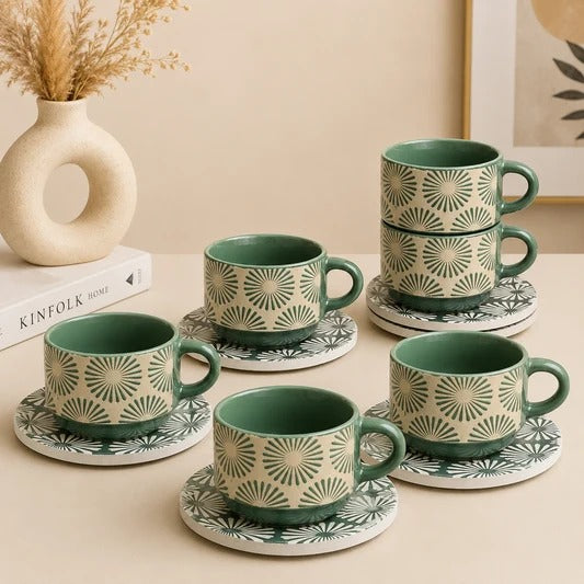 Danny Home Patterned Ceramic Cup and Saucer Set – 6 Pieces